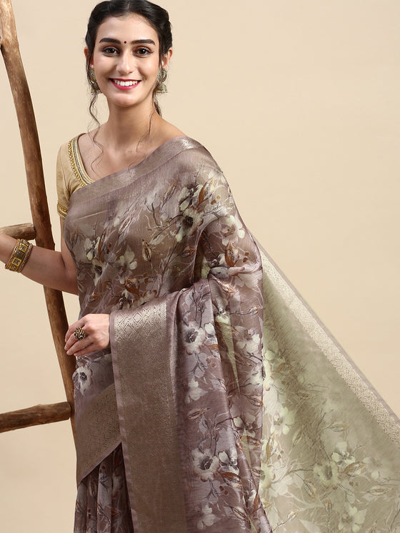 Semi Linen Flower Digital Brown & Dark Grey Saree SL61