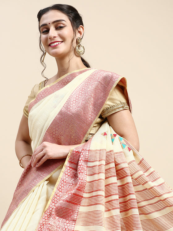 Divine Semi Linen Dark Sandal Diamond Printed Embroidery Saree SLPE02