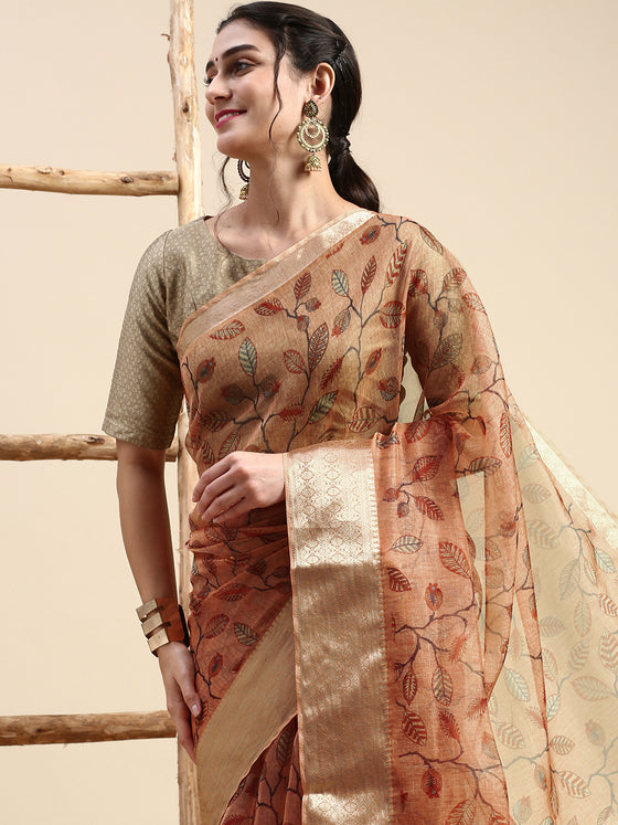 Elegant Semi Linen Orange Flower Digital Printed Saree SL52