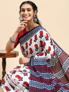 Elegant White & Navy Printed Pure Cotton Saree PCS56