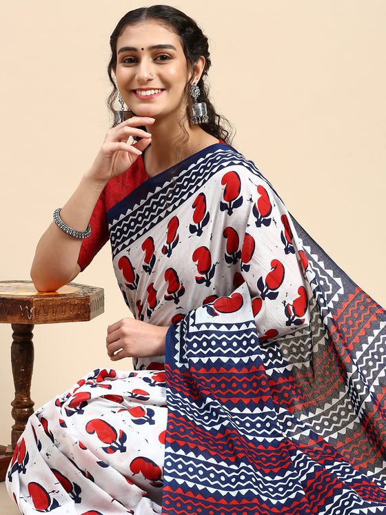 Elegant White & Navy Printed Pure Cotton Saree PCS56