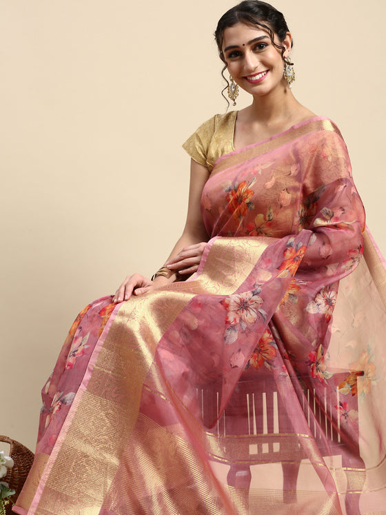 Semi Chanderi Pink Flower Printed with Jari Border Saree SOS06