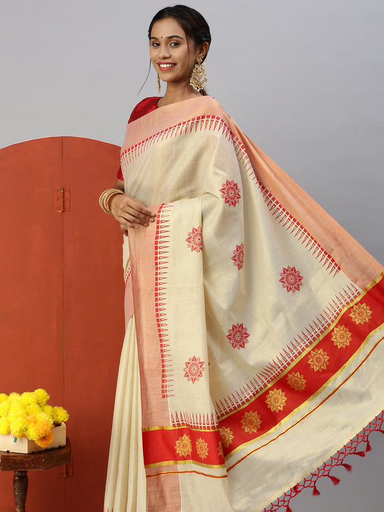 Kerala Tissue Flower Printed Gold Jari & Red Border with Tussle Saree OKS04