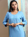 Cotton Embroidered Round Neck Straight Cut Blue Kurti EK39