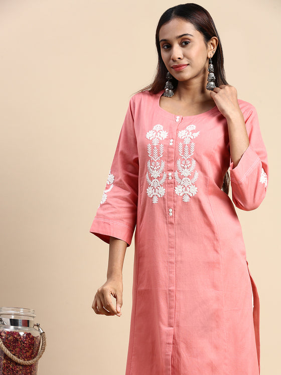 Cotton Embroidered Round Neck Straight Cut Pink Kurti EK33