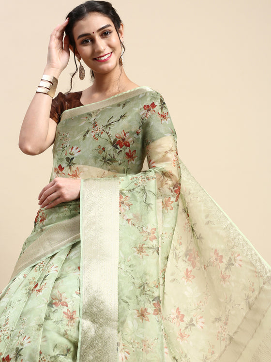 Elegant Semi Linen Flower Digital Print Light Green Saree SL54