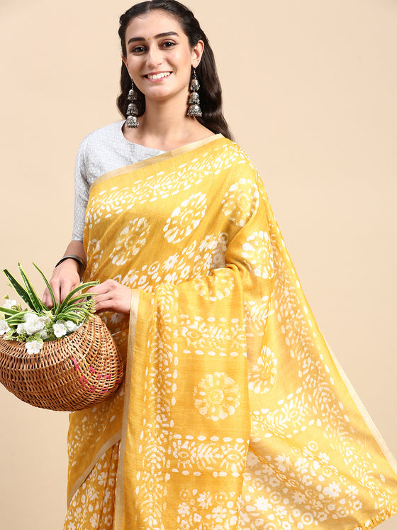 Elegant Semi Linen Yellow Flower Design Digital Printed Saree SL65