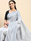 Stylish Grey Striped Design Semi Kora Cotton Saree SK87