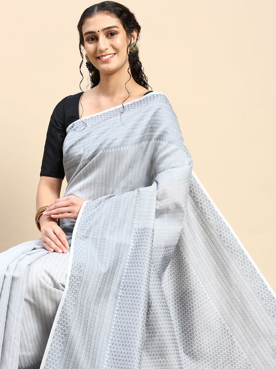 Stylish Grey Striped Design Semi Kora Cotton Saree SK87