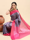 Stylish Grayish Blue with Contrast Pink Border Semi Kora Cotton Saree SK86