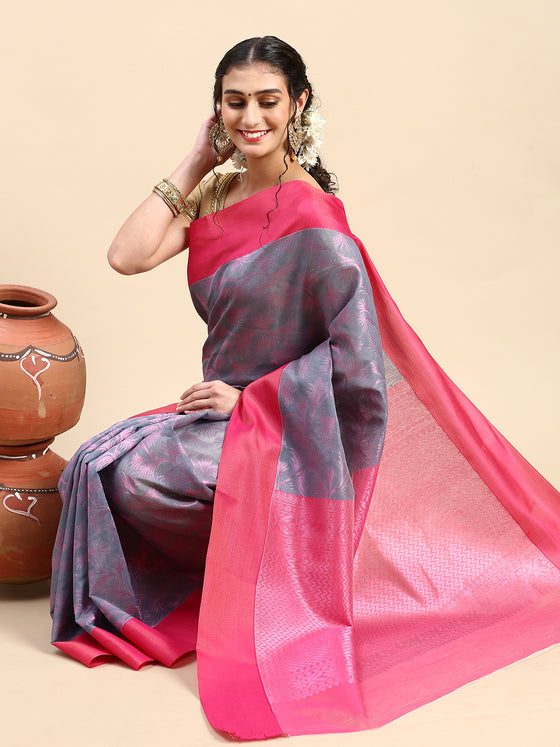 Stylish Grayish Blue with Contrast Pink Border Semi Kora Cotton Saree SK86