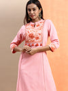 Cotton Pink & Brown Collar Neck Straight Cut Printed Kurti PK34