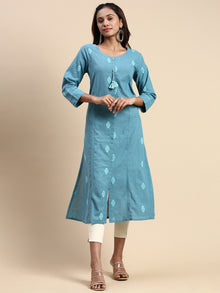  Cotton Embroidered Round Neck Straight Cut Greenish Blue Kurti EK29