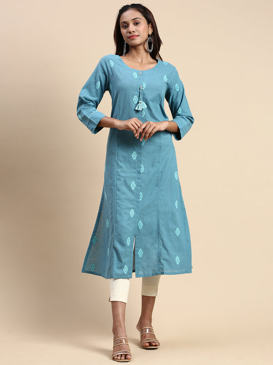Cotton Embroidered Round Neck Straight Cut Greenish Blue Kurti EK29