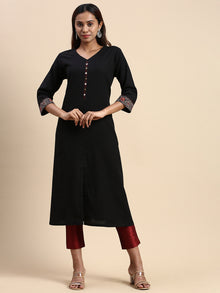  Cotton Plain V Neck Straight Cut Black Kurti CPK11
