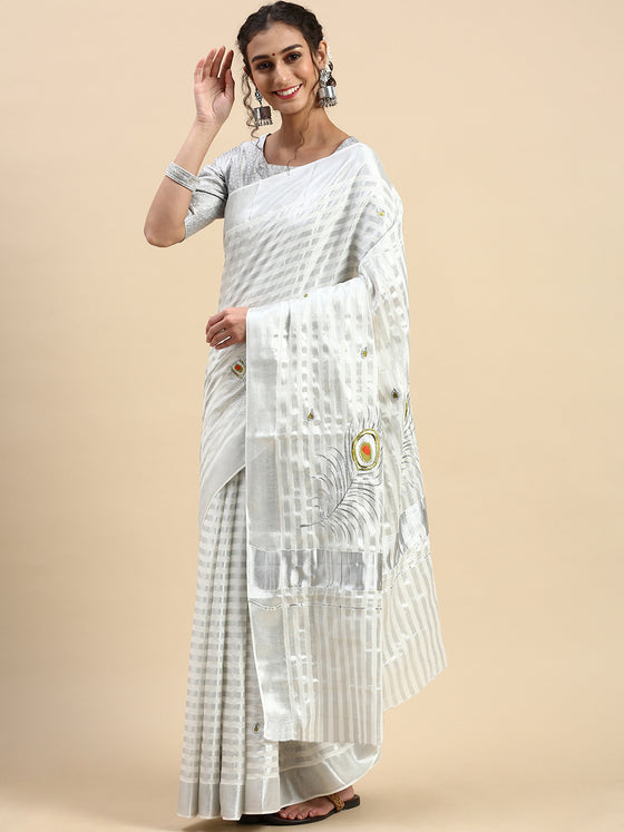 Kerala Grey Embroidery Saree with Silver Zari Border KS77