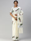 Kerala Off White Peacock Design Printed Silver Jari Saree OKS05