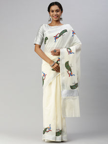  Kerala Off White Peacock Design Printed Silver Jari Saree OKS05