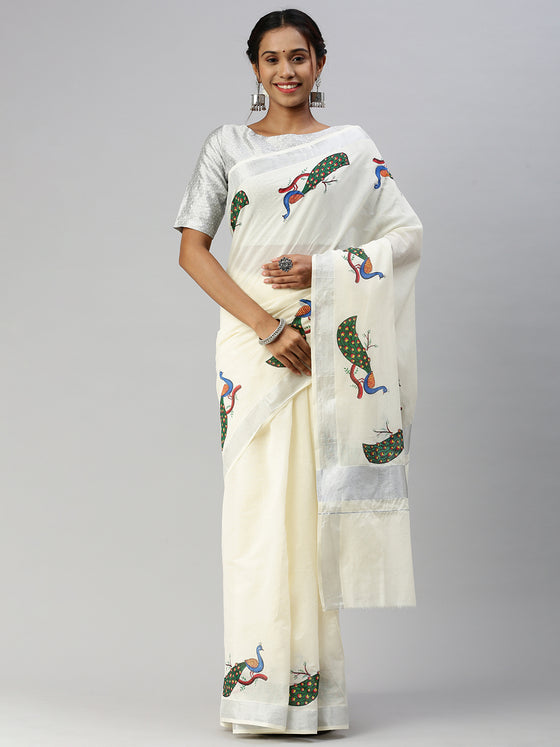 Kerala Off White Peacock Design Printed Silver Jari Saree OKS05