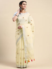  Alluring Semi Linen Light Sandal Printed Embroidery Saree SLPE04
