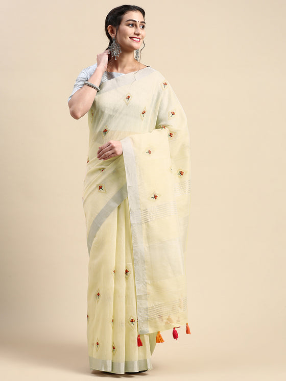 Alluring Semi Linen Light Sandal Printed Embroidery Saree SLPE04
