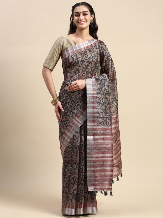 Semi Cotton Green & Brown Printed Saree SCS30