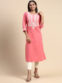  Cotton Embroidered Round Neck Straight Cut Pink Kurti EK27