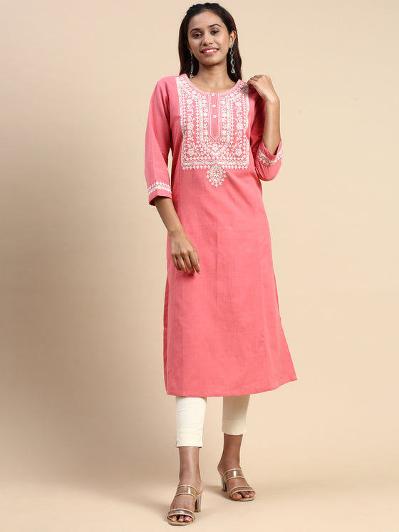 Cotton Embroidered Round Neck Straight Cut Pink Kurti EK27