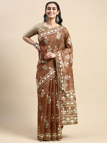  Semi Cotton Brown and Sandal Flower Printed Saree SCS23