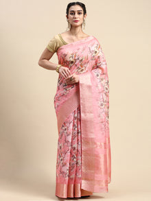  Semi Organza Sandal and Pink Flower Printed with Jari Border Saree SOS03