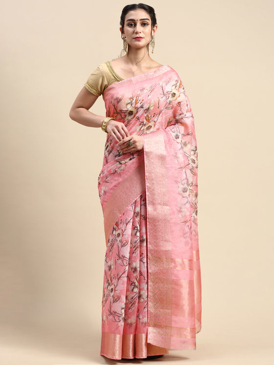 Semi Organza Sandal and Pink Flower Printed with Jari Border Saree SOS03