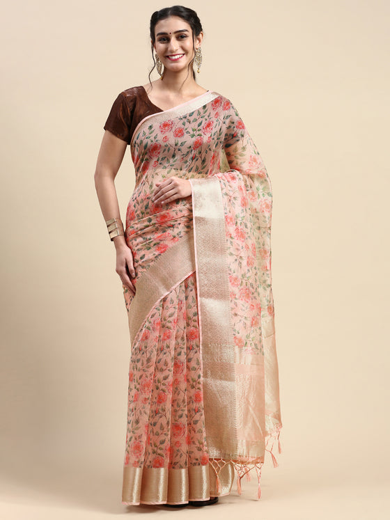 Elegant Semi Linen Flower Digital Light Pink Saree SL62