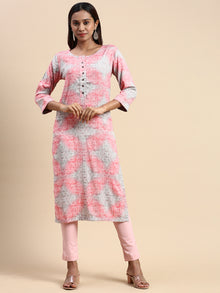  Cotton Pink & Grey Round Neck Straight Cut Printed Kurti PK32