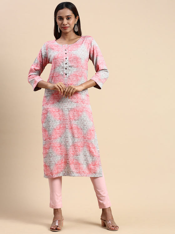 Cotton Pink & Grey Round Neck Straight Cut Printed Kurti PK32