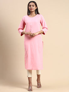  Cotton Plain Round Neck Straight Cut Pink Kurti CPK08