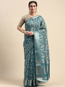  Elegant Semi Linen Digital Print Bluish Green & Sandal Saree SL53