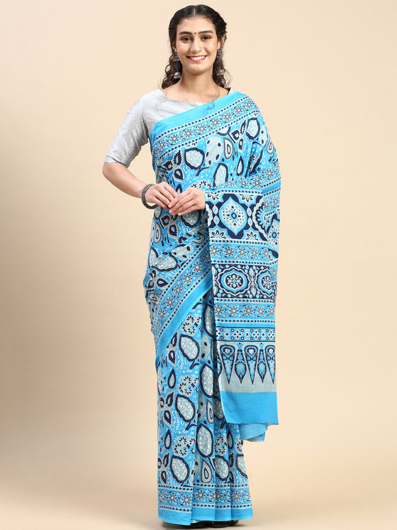 Elegant Blue & Grey Flower Printed Pure Cotton Saree PCS54