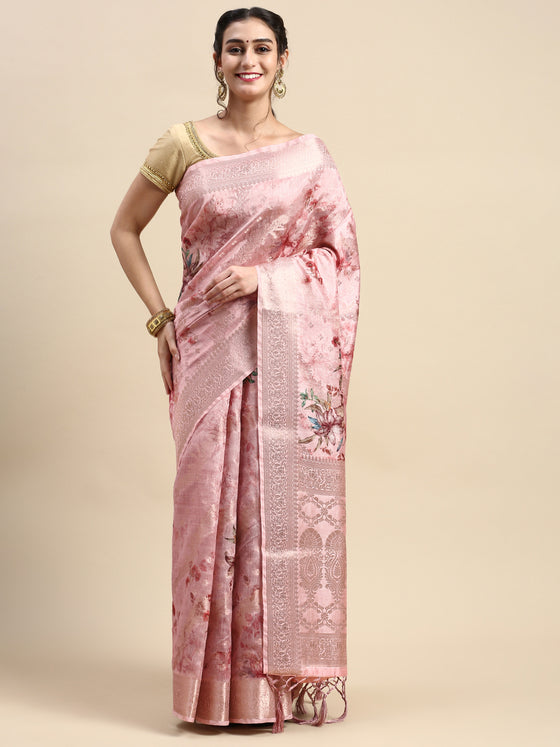Elegant Dola Silk Pink Flower Digital Print with Jari Border Sarees DS01
