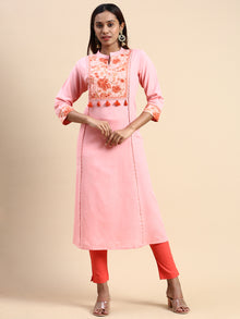  Cotton Pink & Brown Collar Neck Straight Cut Printed Kurti PK34