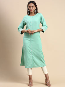  Cotton Plain Mandarin Collar Straight Cut Green Kurti CPK04