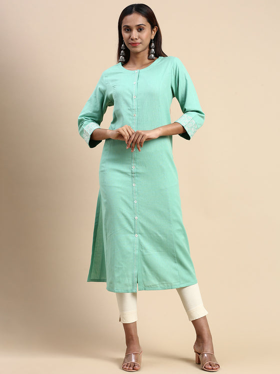 Cotton Plain Mandarin Collar Straight Cut Green Kurti CPK04
