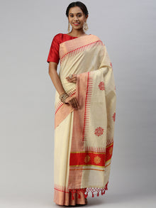  Kerala Tissue Flower Printed Gold Jari & Red Border with Tussle Saree OKS04