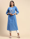 Cotton Embroidered Round Neck Straight Cut Blue Kurti EK37
