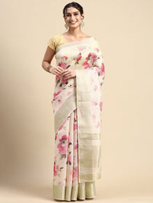  Semi Organza Peach and Pink Flower Printed with Jari Border Saree SOS04