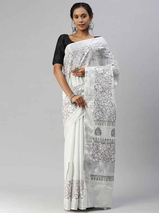 Kerala Tissue Printed Silver Jari Border Saree OKS34 Onam Collection