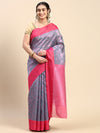 Stylish Grayish Blue with Contrast Pink Border Semi Kora Cotton Saree SK86