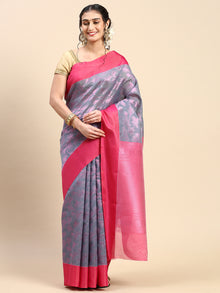  Stylish Grayish Blue with Contrast Pink Border Semi Kora Cotton Saree SK86