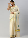 Kerala Tissue Flower Printed Gold Jari & Green Border Saree OKS16