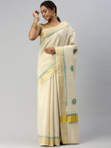  Kerala Tissue Flower Printed Gold Jari & Green Border Saree OKS16