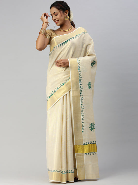 Kerala Tissue Flower Printed Gold Jari & Green Border Saree OKS16